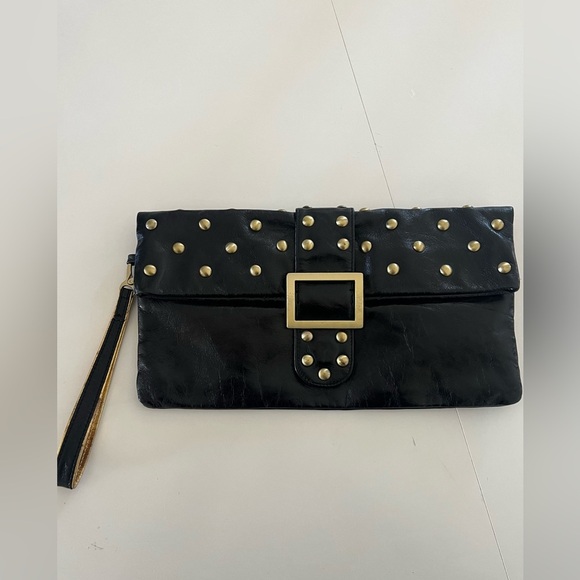 Sabrina New York Black Patent Leather Brass Studded Fold Over Wristlet - Picture 1 of 10
